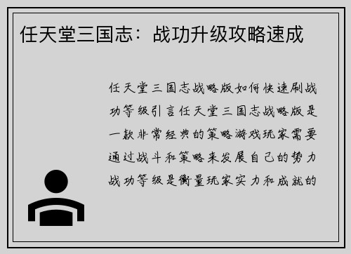 任天堂三国志：战功升级攻略速成